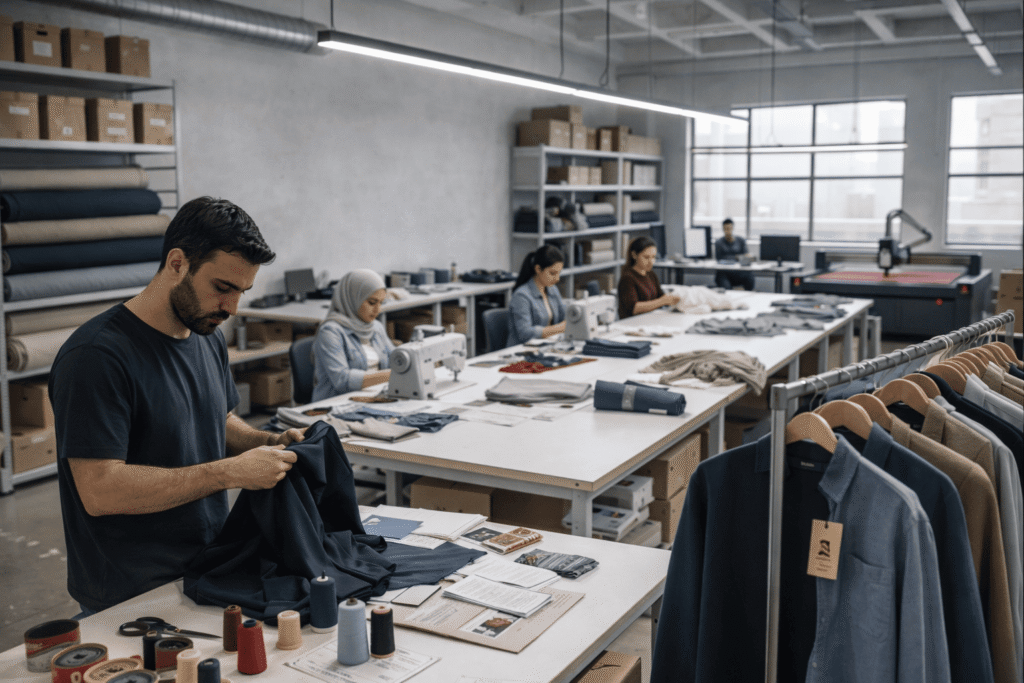 Professional clothing production cycle in a textile factory